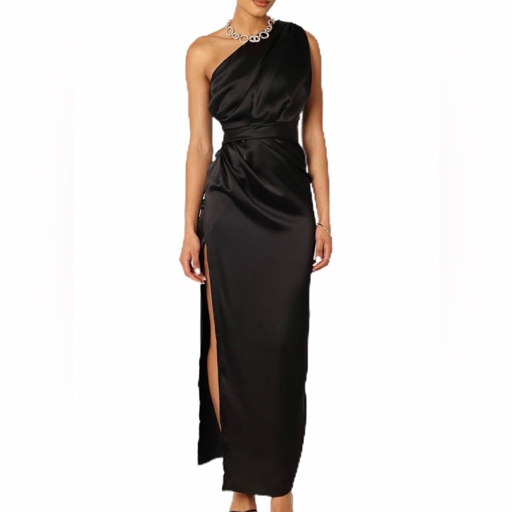Petal & Pup One-Shoulder Black Satin Evening Dress with Side Slit